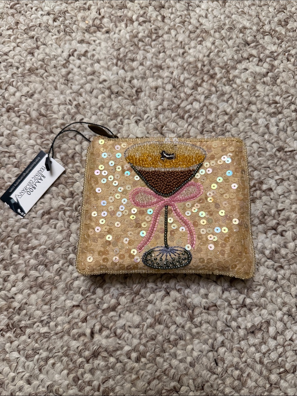 Bamboo Gold Sequin Cocktail Cosmetic Pouch with Pink Bow Motif